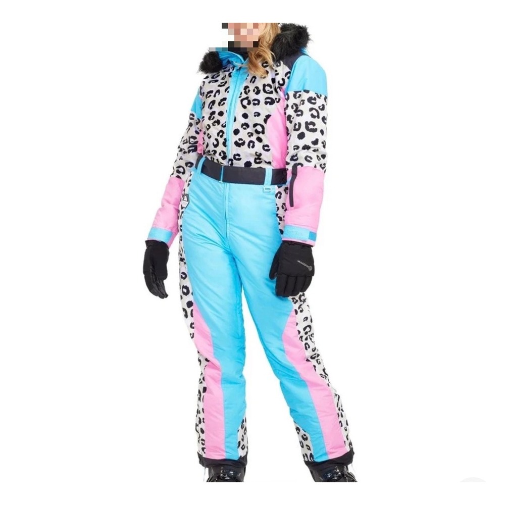 Tipsy Elves Womens Leopard Print Ski Suit Blue Pink Faux Fur Hood One Piece NEW